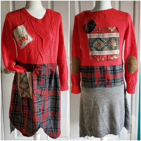 Handmade upcycled lagenlook sweater tartan plaid dress OOAK Small-Large - Picture 1 of 12
